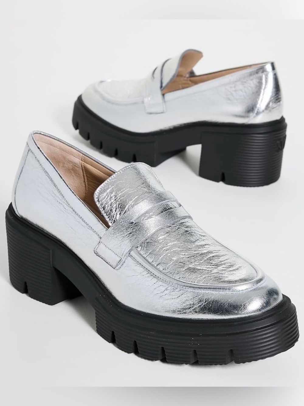 New Stuart Weitzman Silver Leather Chunky Lug Sole Platform Loafers
